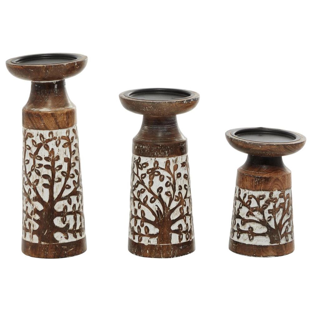 Maple and Jade Handmade Tree Candle Holder in Brown and Whitewashed (Set of 3), , large