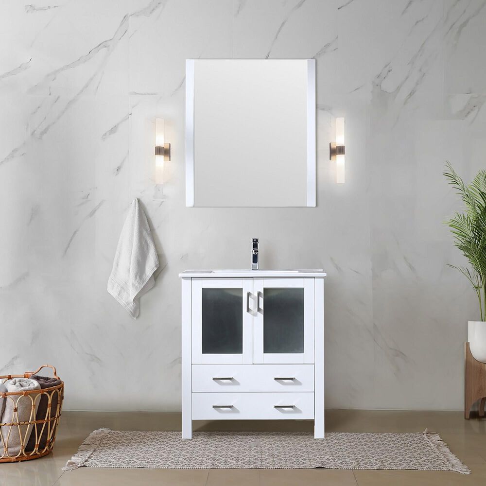 Lexora Home Volez 30&quot; Single Bathroom Vanity in White with 2 cm White Ceramic Top and Rectangular Sink, , large