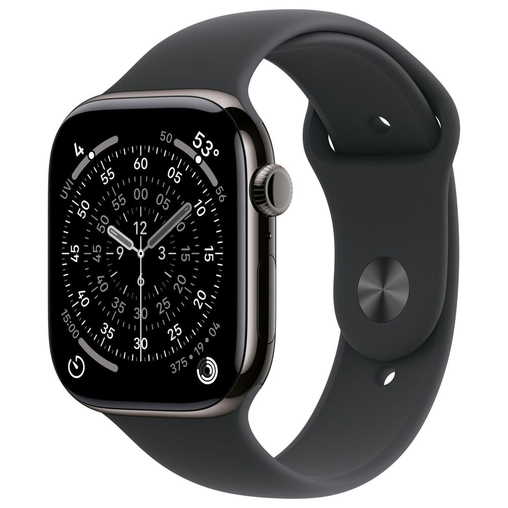 Apple Watch Series 11 (GPS+Cellular) 46mm Titanium Case with Black Sport Band - S/M in Slate and 2-Year AppleCare+, , large