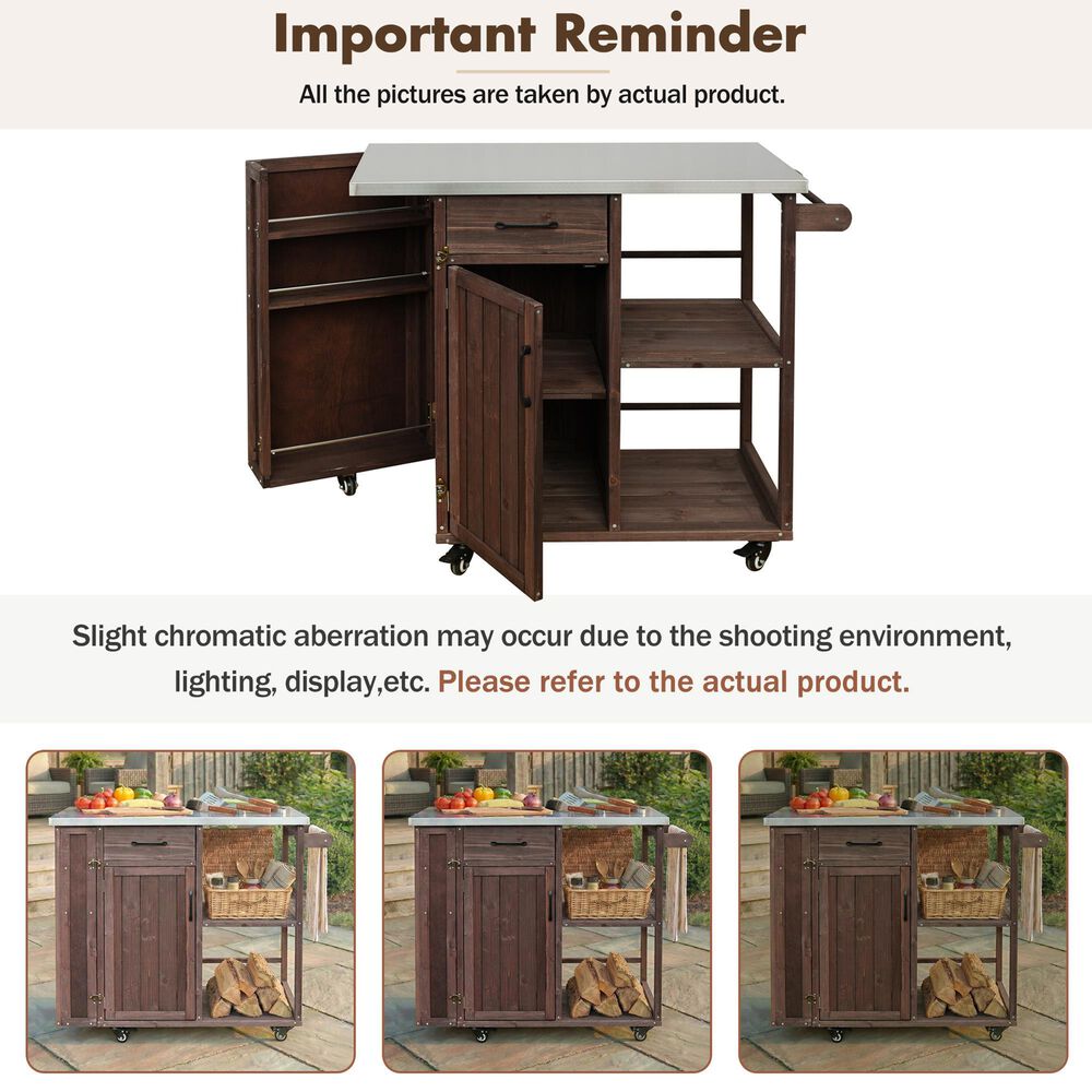 Hearth and Haven Outdoor Kitchen Island Cart with Stainless Steel Top, Towel and Spice Racks in Dark Brown, , large