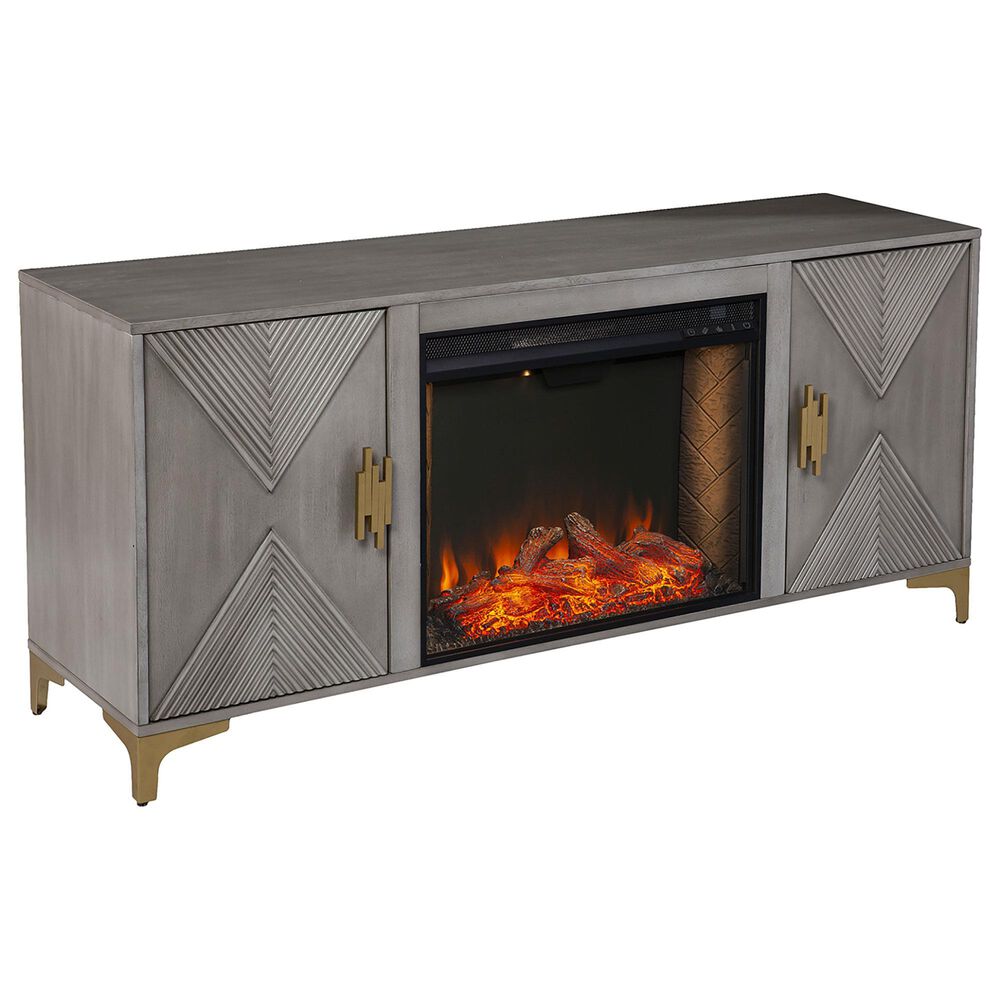 Southern Enterprises Lantara Alexa 56" Smart Fireplace with Storage in Graywashed and Gold, , large