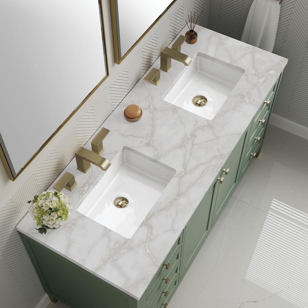 James Martin Vanities Chicago 60" Double Bathroom Vanity in Smokey Celadon with 3 cm Eternal Jasmine Pearl Silestone Top, Rectangular Sinks and FreePower Wireless Charger, , large