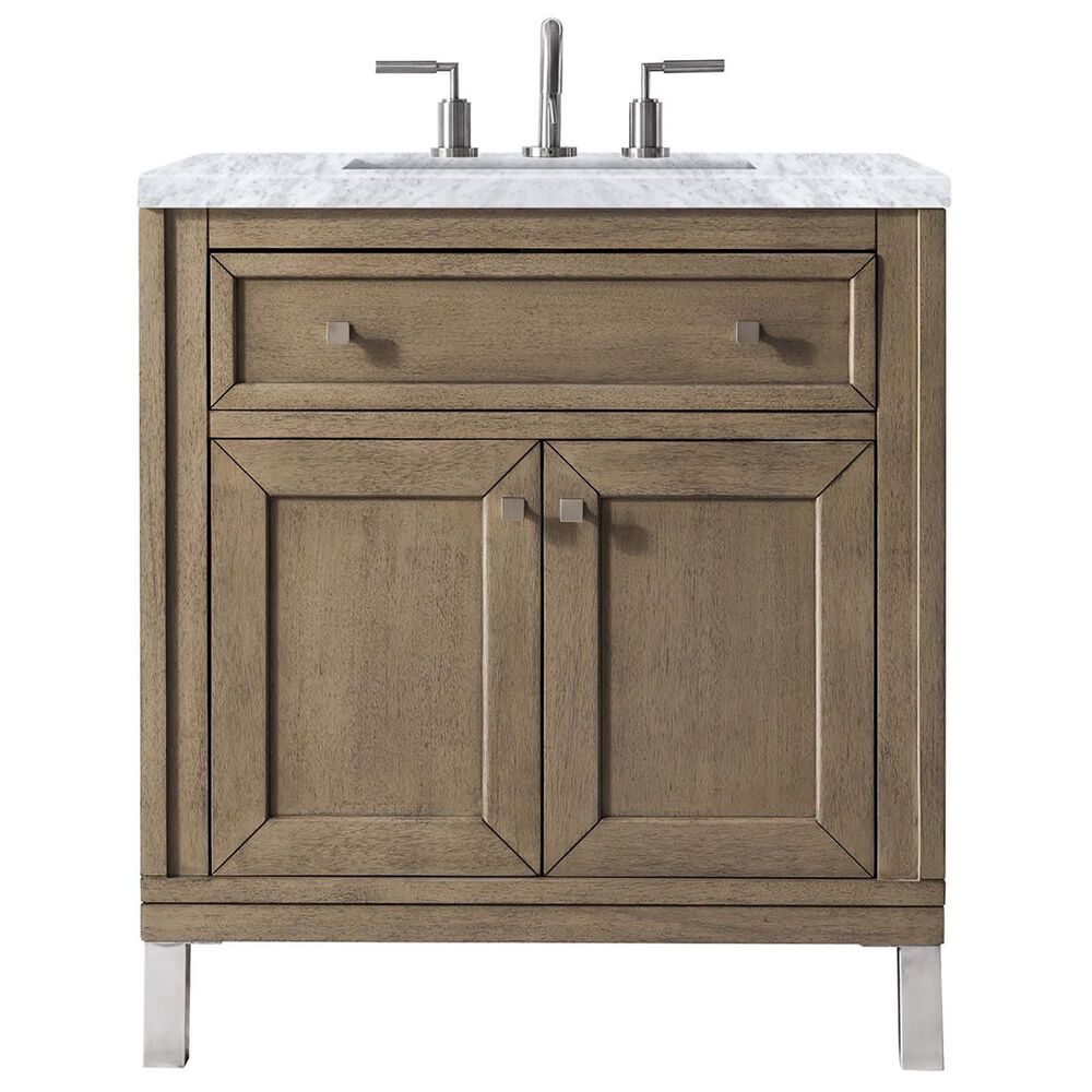 James Martin Vanities Chicago 30" Single Bathroom Vanity in Whitewashed Walnut with 3 cm Carrara White Marble Top and Rectangular Sink, , large