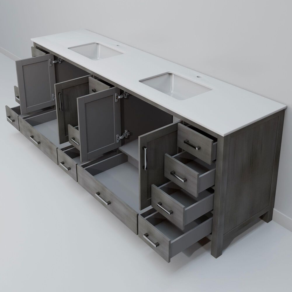Lexora Home Jacques 84&quot; Double Bathroom Vanity in Distressed Grey with 2 cm White Quartz Top and Rectangular Sinks, , large