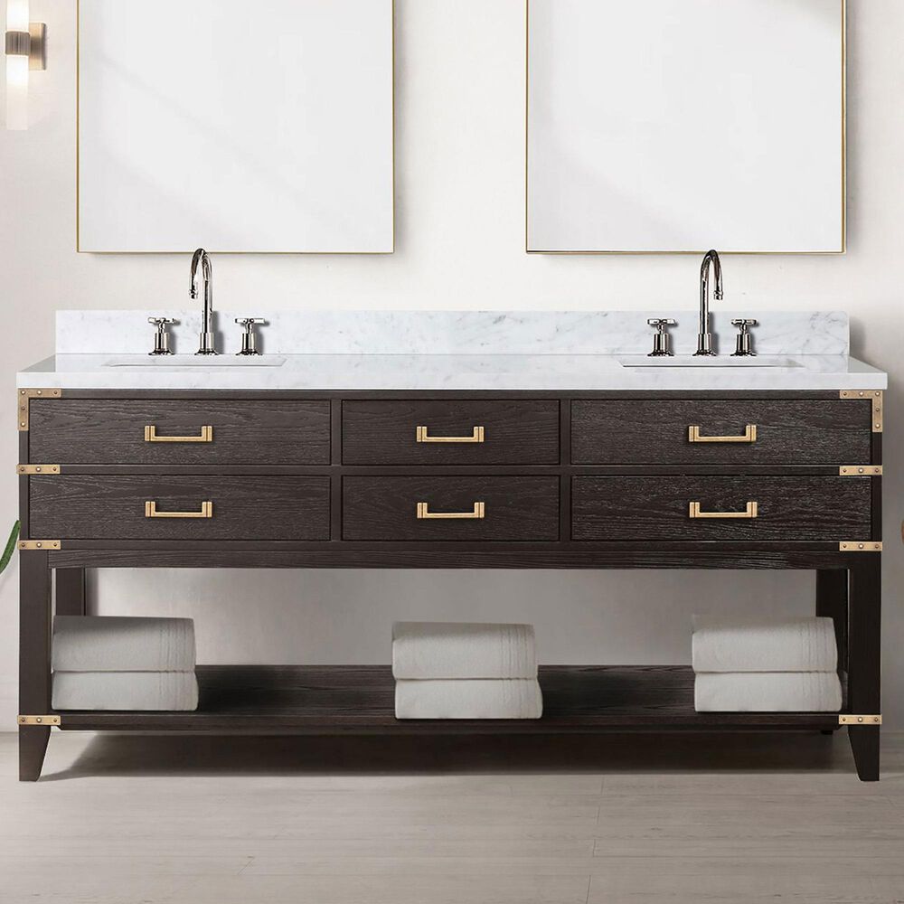 Lexora Home Norwalk 72&quot; Double Bathroom Vanity in Brown Oak with White Carrara Marble Top and Rectangular Sinks, , large