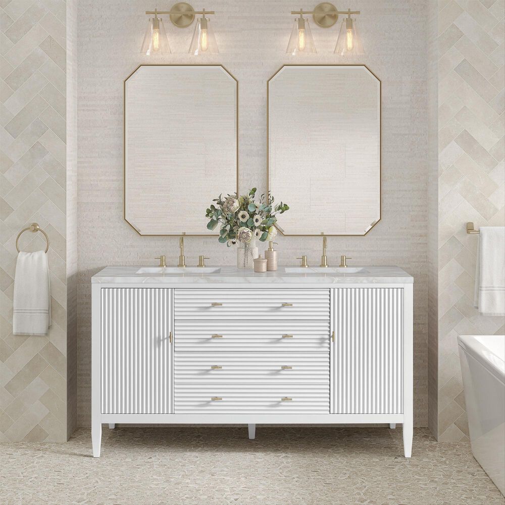 James Martin Vanities Myrrin 60" Double Bathroom Vanity in Bright White with 3 cm Eternal Jasmine Pearl Silestone Top, Rectangular Sinks and FreePower Wireless Charger, , large