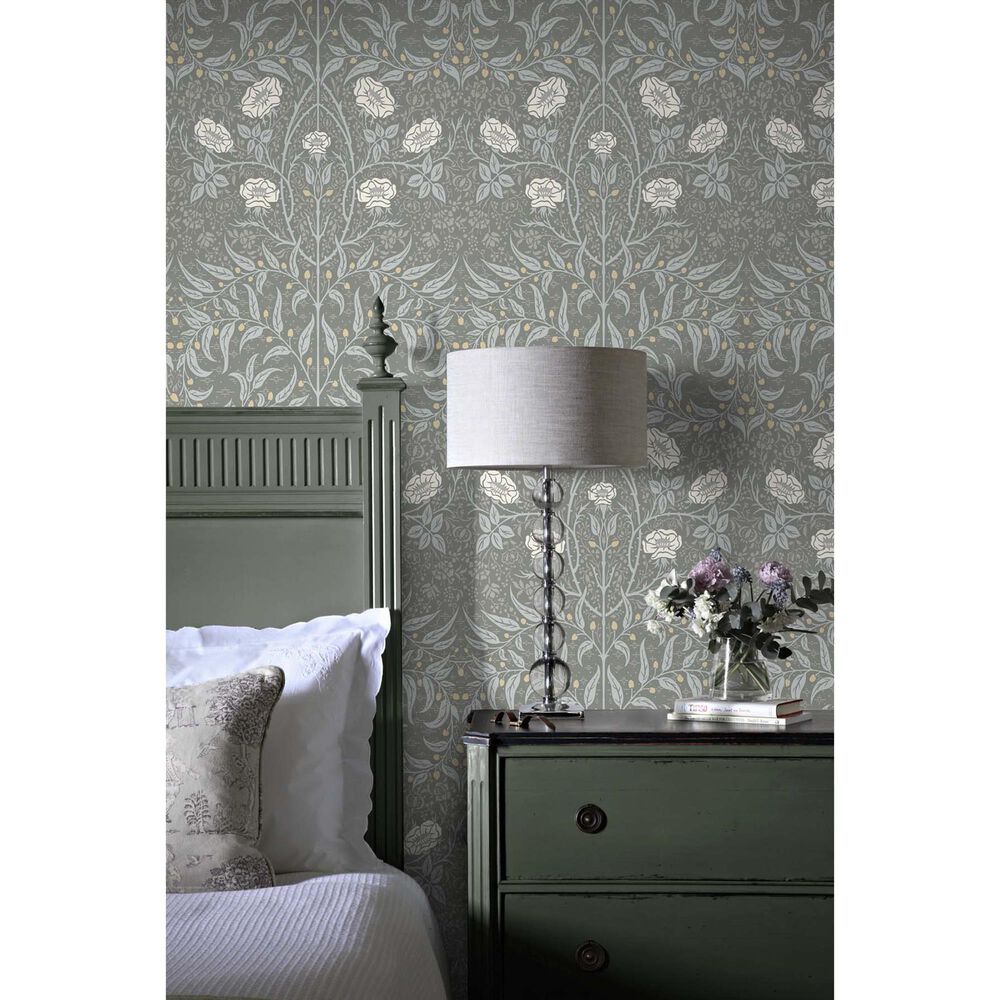 NextWall Stenciled Floral 216&quot; x 20.5&quot; Peel and Stick Wallpaper in Alloy Grey, , large