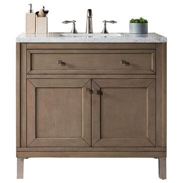 James Martin Chicago 36" Single Bathroom Vanity in Whitewashed Walnut with 3 cm Carrara White Marble Top and Rectangular Sink, , large