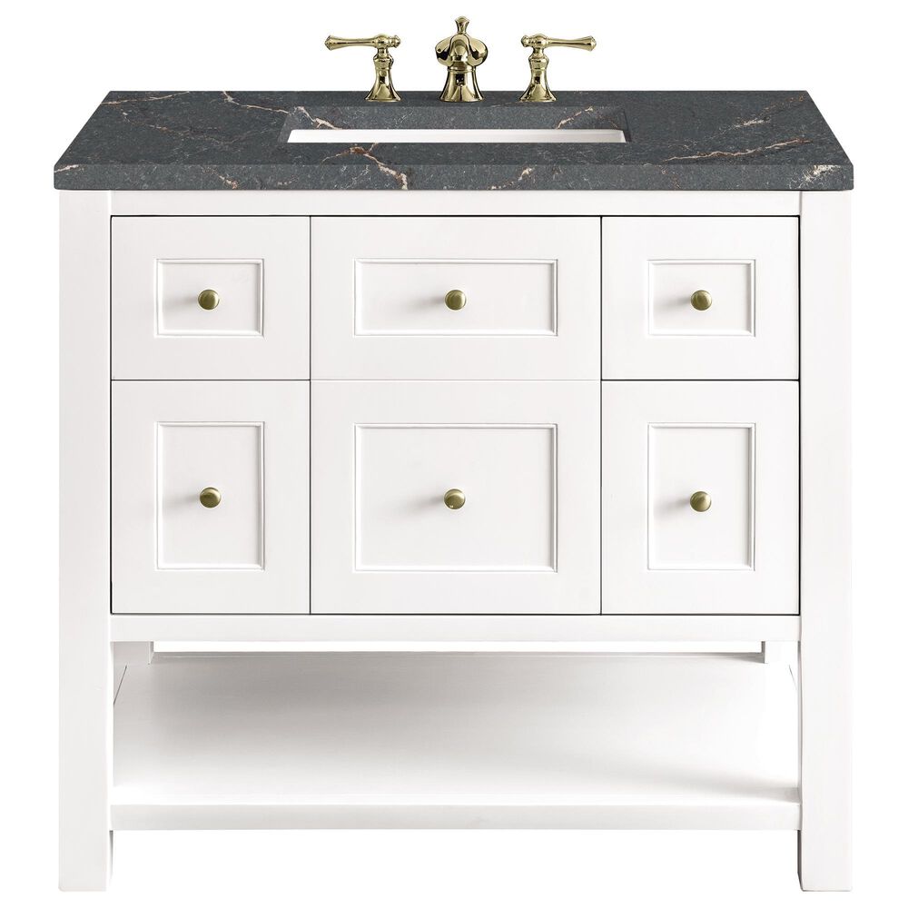 James Martin Vanities Breckenridge 36&quot; Single Bathroom Vanity in Bright White with 3 cm Parisien Bleu Quartz Top and Rectangular Sink, , large