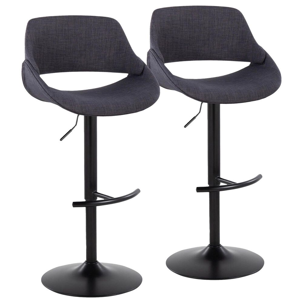 LumiSource Fabrico Swivel Adjustable Bar Stool with Charcoal Fabric Upholstery and Rounded T Footrest in Black (Set of 2), , large
