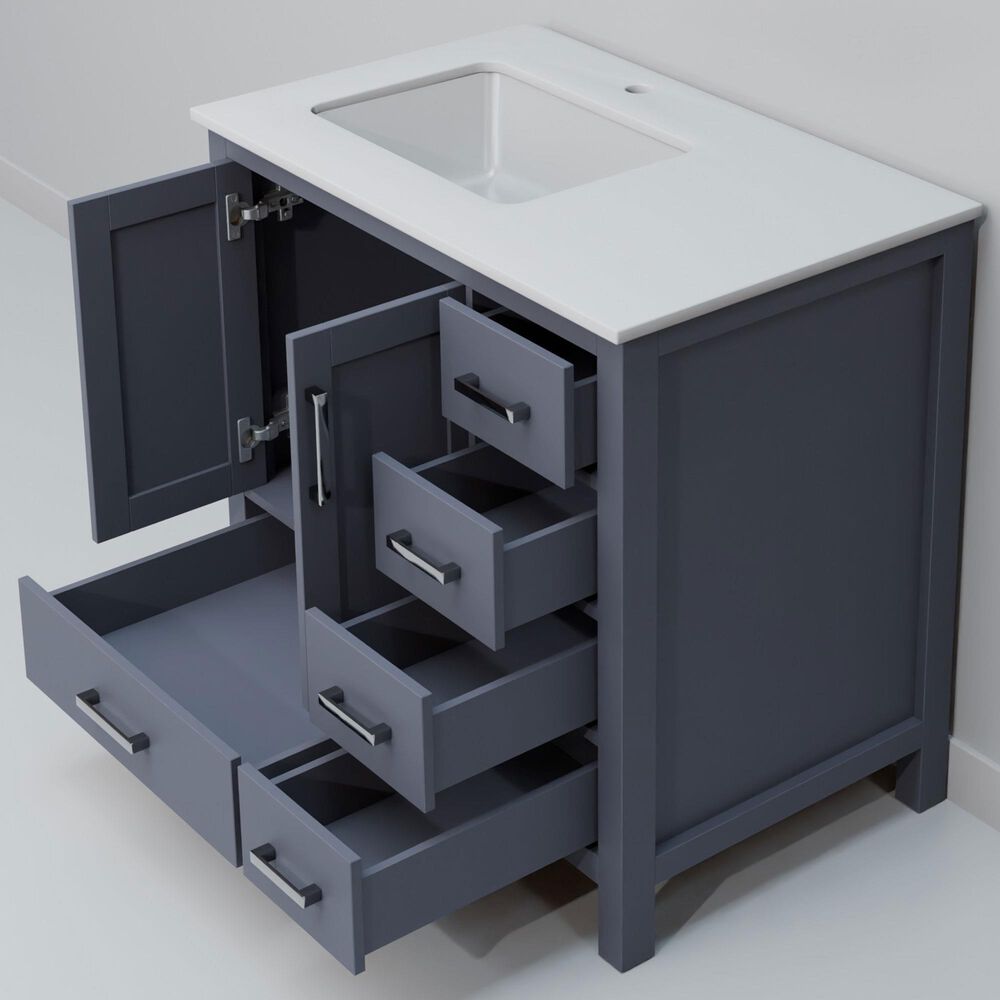 Lexora Home Jacques 36" Left Offset Single Bathroom Vanity in Dark Grey with 2 cm White Quartz Top and Rectangular Sink, , large
