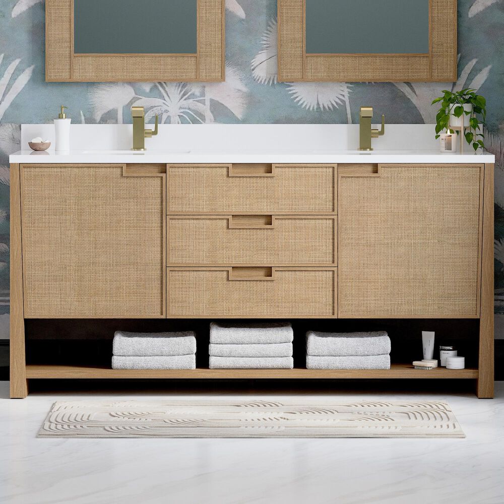 James Martin Vanities Solene 72&quot; Double Bathroom Vanity in Seaside Oak with Single Hole 3 cm White Zeus Quartz Top and Rectangular Sinks, , large