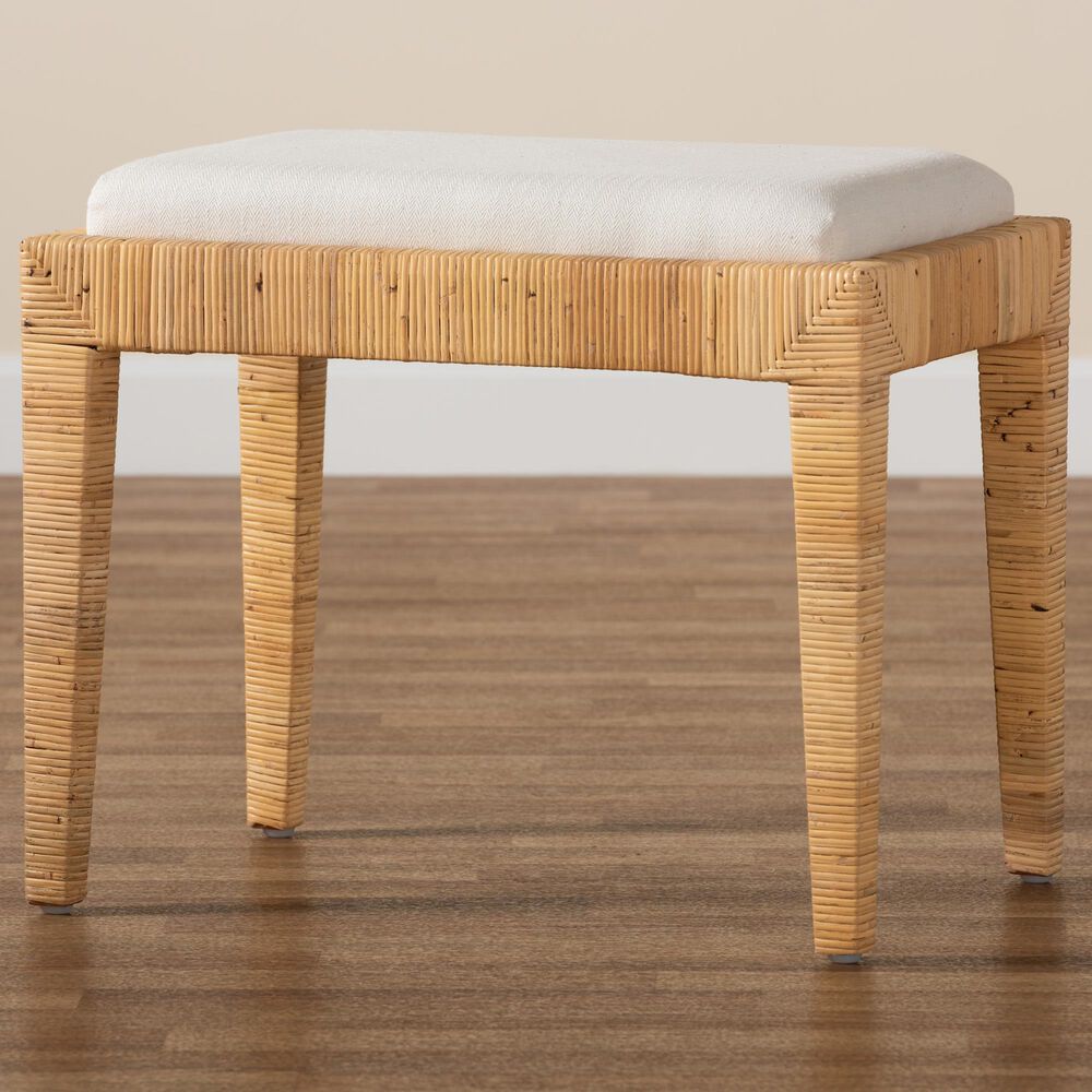 Baxton Studio Sofia Ottoman with Natural Brown Rattan in White, , large