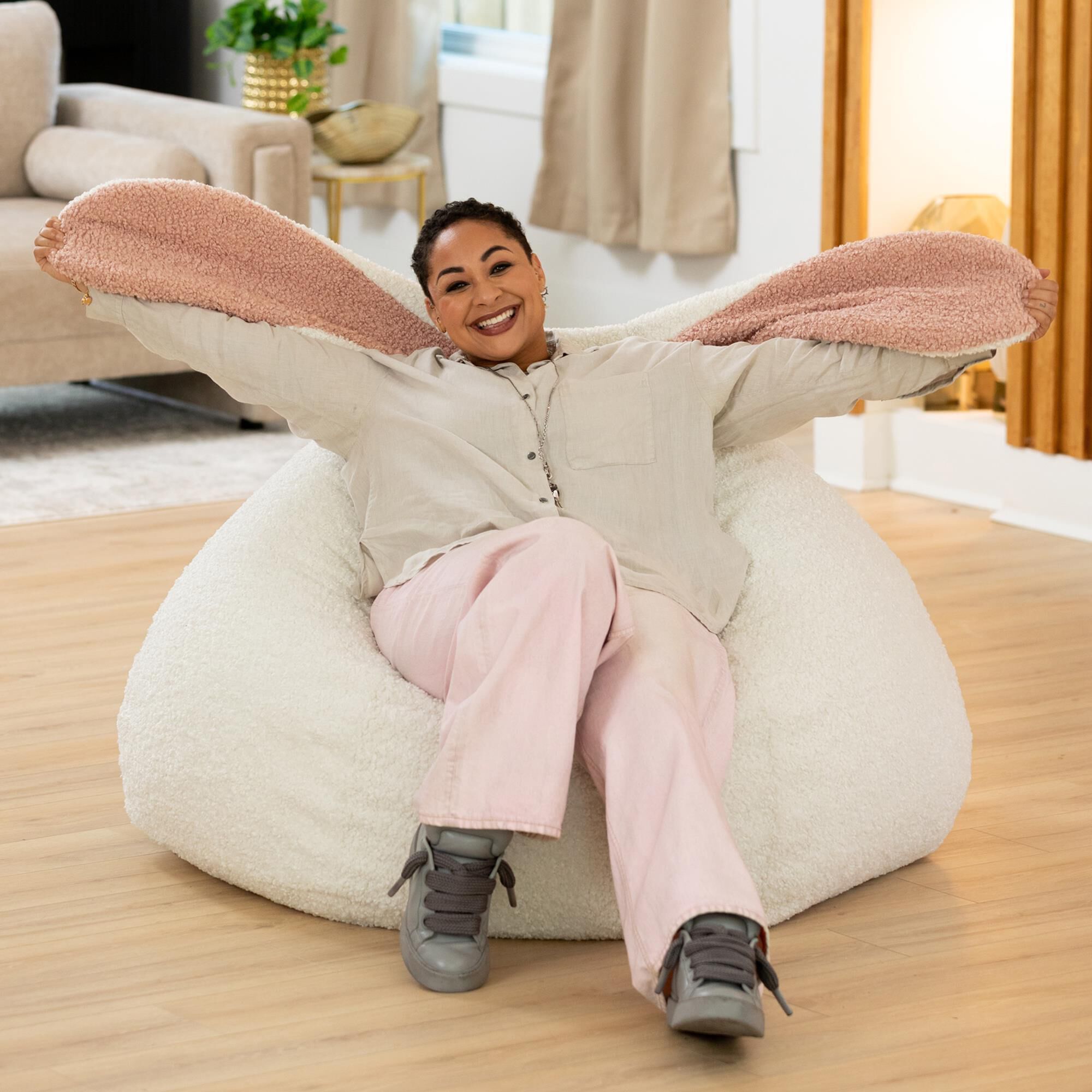 Jaxx HopSeat Bunny Oval Shaped Large Bean Bag Chair in Cloud White