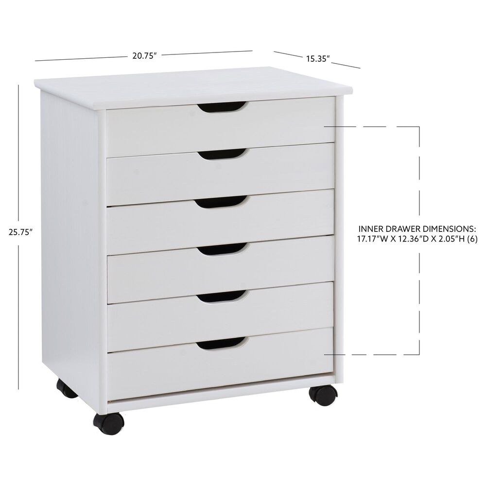 Linon Home Decor Cary 6-Drawer Wide Rolling Cart in White Wash, , large