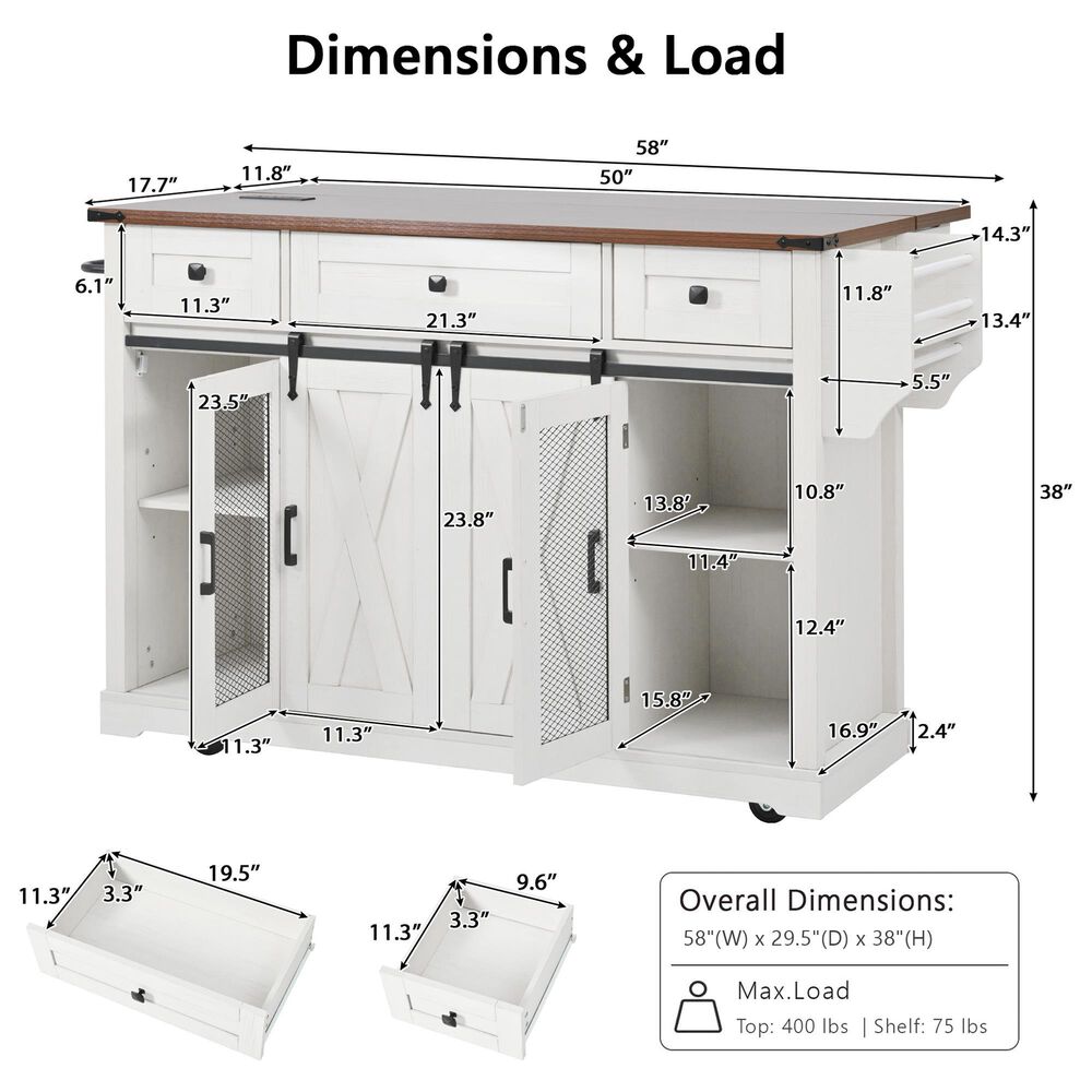 HOMLUX 58" Kitchen Island with Drop Leaf in White and Brown, , large
