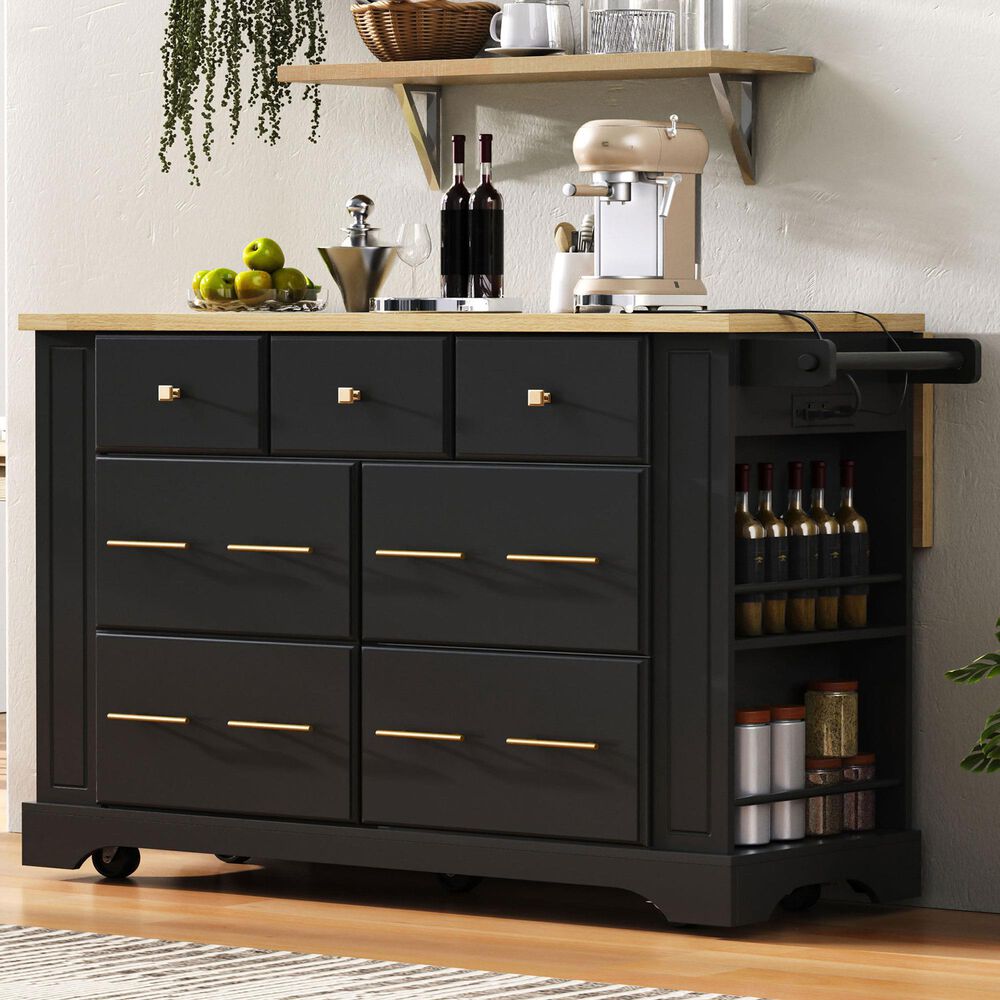 HOMLUX 51" Kitchen Island with Pull Out Trash Can Storage in Black, , large