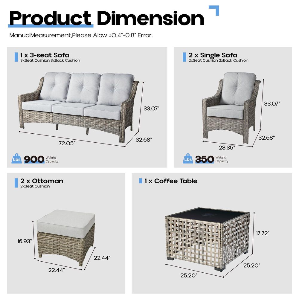 HOMLUX 6-Piece Patio Conversation Set with Coffee Table in Light Grey, , large