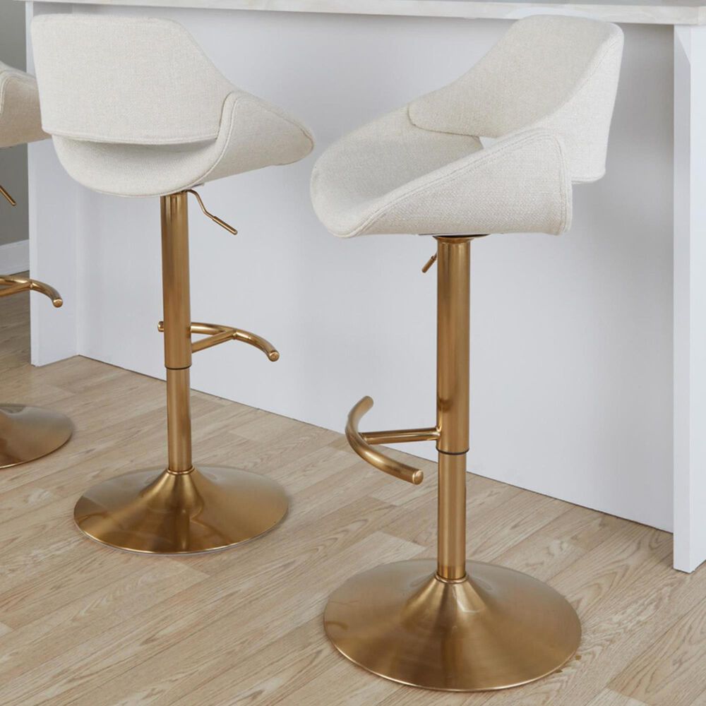 LumiSource Fabrico Swivel Adjustable Bar Stool with Cream Noise Fabric Upholstery and Rounded T Footrest in Gold (Set of 2), , large