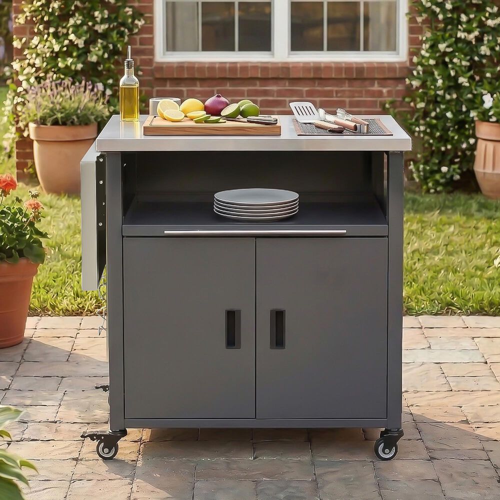 Hearth and Haven Outdoor Kitchen Island Cart with Dual Expandable Stainless Steel Tabletops in Gray, , large