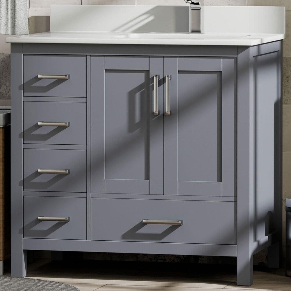 Lexora Home Jacques 36" Right Offset Single Bathroom Vanity in Dark Grey with 2 cm White Quartz Top and Rectangular Sink, , large
