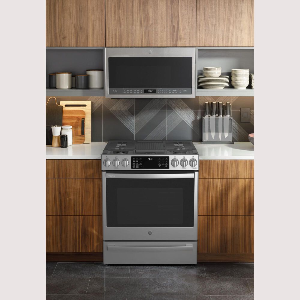 GE Profile 30" Dual Fuel SlideIn FrontControl Range in Fingerprint
