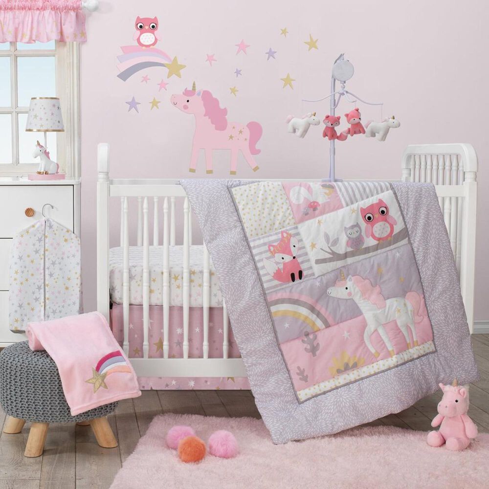 Lambs and Ivy Rainbow Unicorn 3-Piece Bedding Set in Pink and Purple, , large
