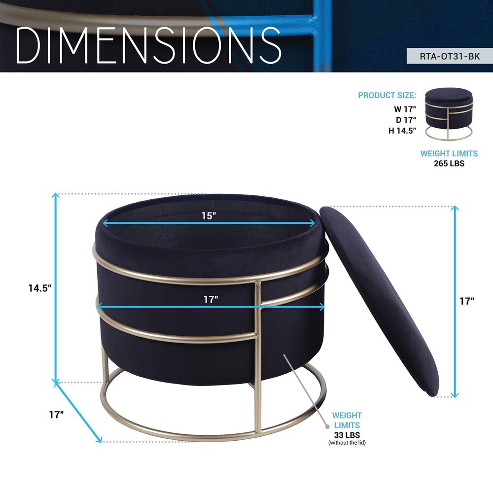 Rta Products Elegant Storage Ottoman with Gold Frame in Black, , large
