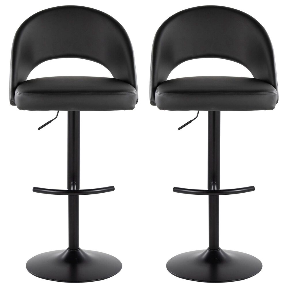 LumiSource Renee Adjustable Swivel Bar Stool with Black Faux Leather Upholstery in Black (Set of 2), , large