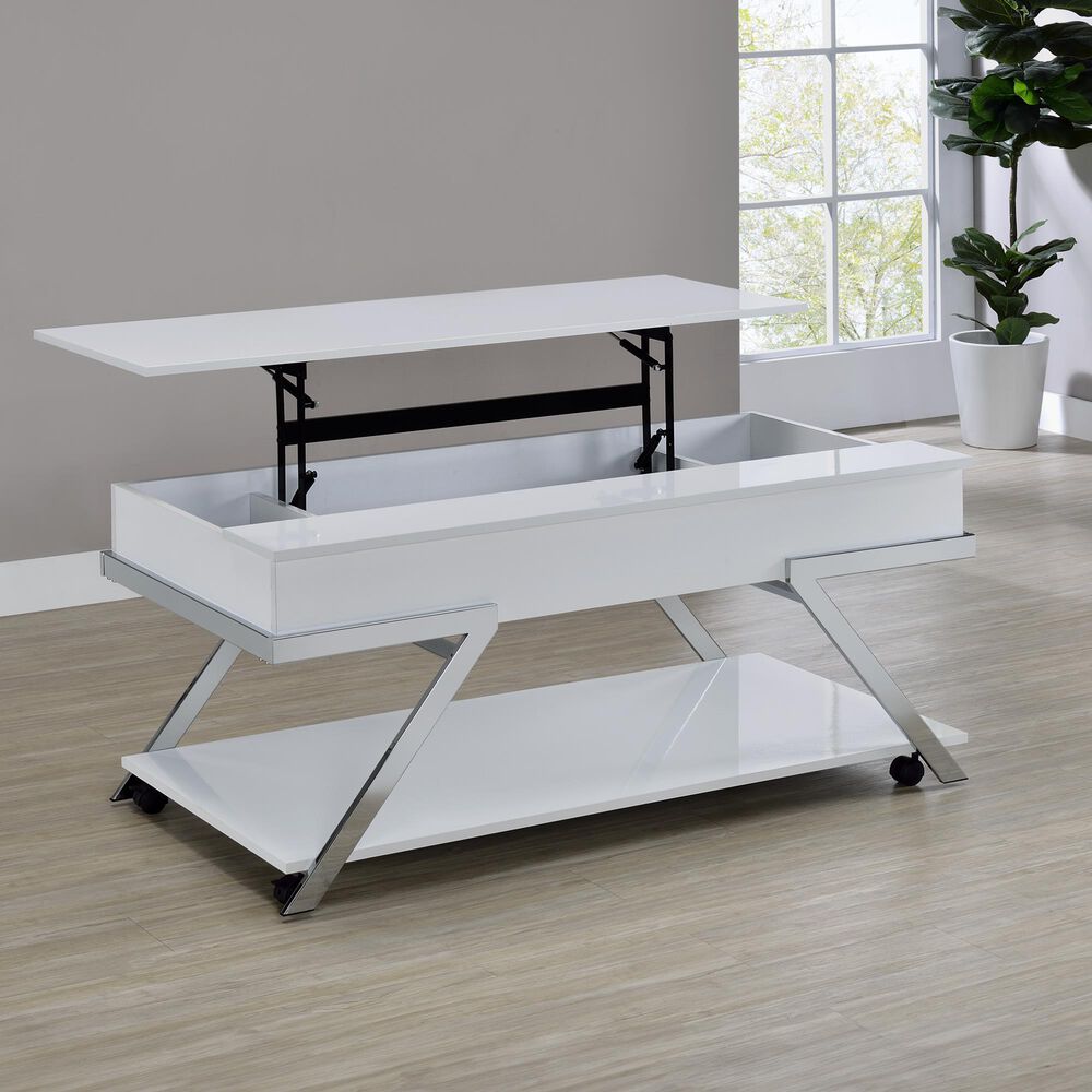 Steve Silver Furniture Zena Lift-Top Cocktail Table with Casters in White and Chrome, , large