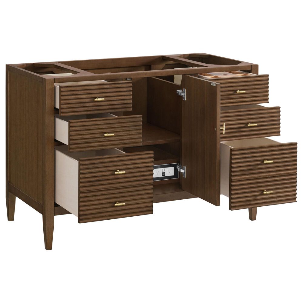 James Martin Vanities Myrrin 48" Single Bathroom Vanity in Mid-Century Walnut with 3 cm Eternal Jasmine Pearl Silestone Top, Rectangular Sink and FreePower Wireless Charger, , large