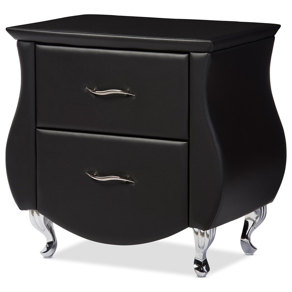 Baxton Studio Erin 2-Drawer Nightstand with Black Faux Leather Upholstery in Chrome, , large