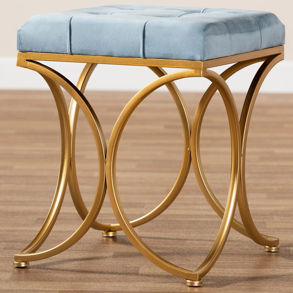 Baxton Studio Margot Ottoman in Blue Velvet and Gold Finish, , large