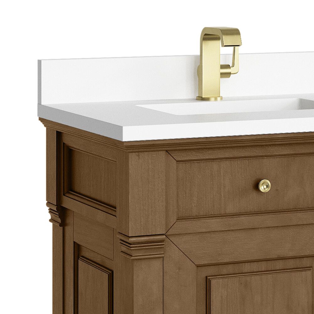 James Martin Vanities Brookfield 60&quot; Double Bathroom Vanity in Honey Oak with Single Hole 3 cm White Zeus Quartz Top and Rectangular Sinks, , large