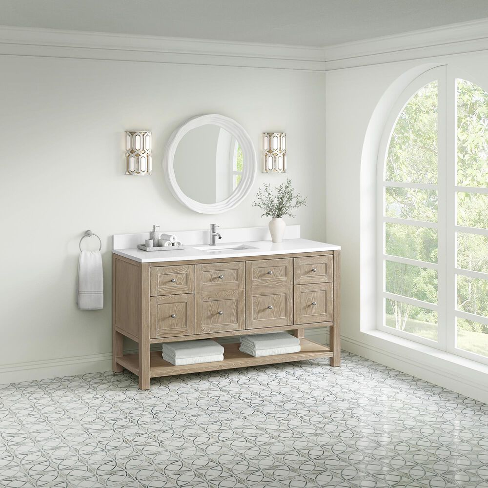 James Martin Vanities Breckenridge 60&quot; Single Bathroom Vanity in Whitewashed Oak with Single Hole 3 cm White Zeus Quartz Top and Rectangular Sink, , large