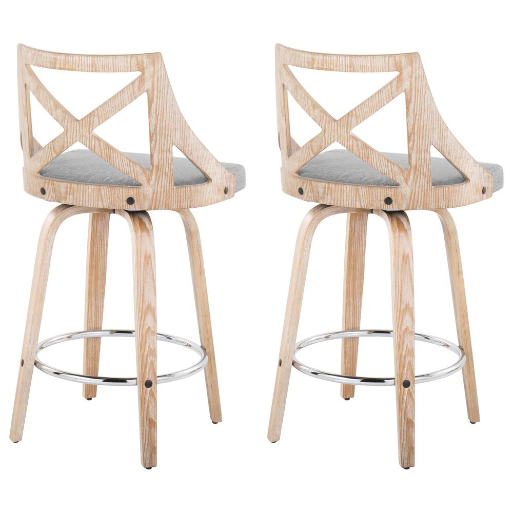 LumiSource Charlotte Swivel Counter Stool with Light Grey Fabric Upholstery in Whitewashed and Chrome (Set of 2), , large