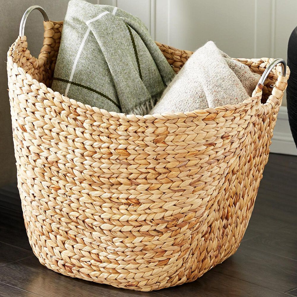 Maple and Jade Large Woven Storage Basket with Ring Metal Handles in Brown, , large