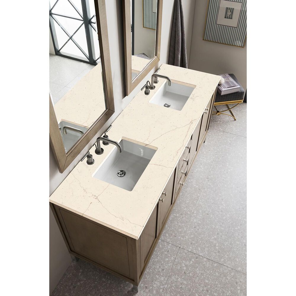 James Martin Vanities Chicago 72&quot; Double Bathroom Vanity in Whitewashed Walnut with 3 cm Eternal Marfil Quartz Top and Rectangular Sinks, , large
