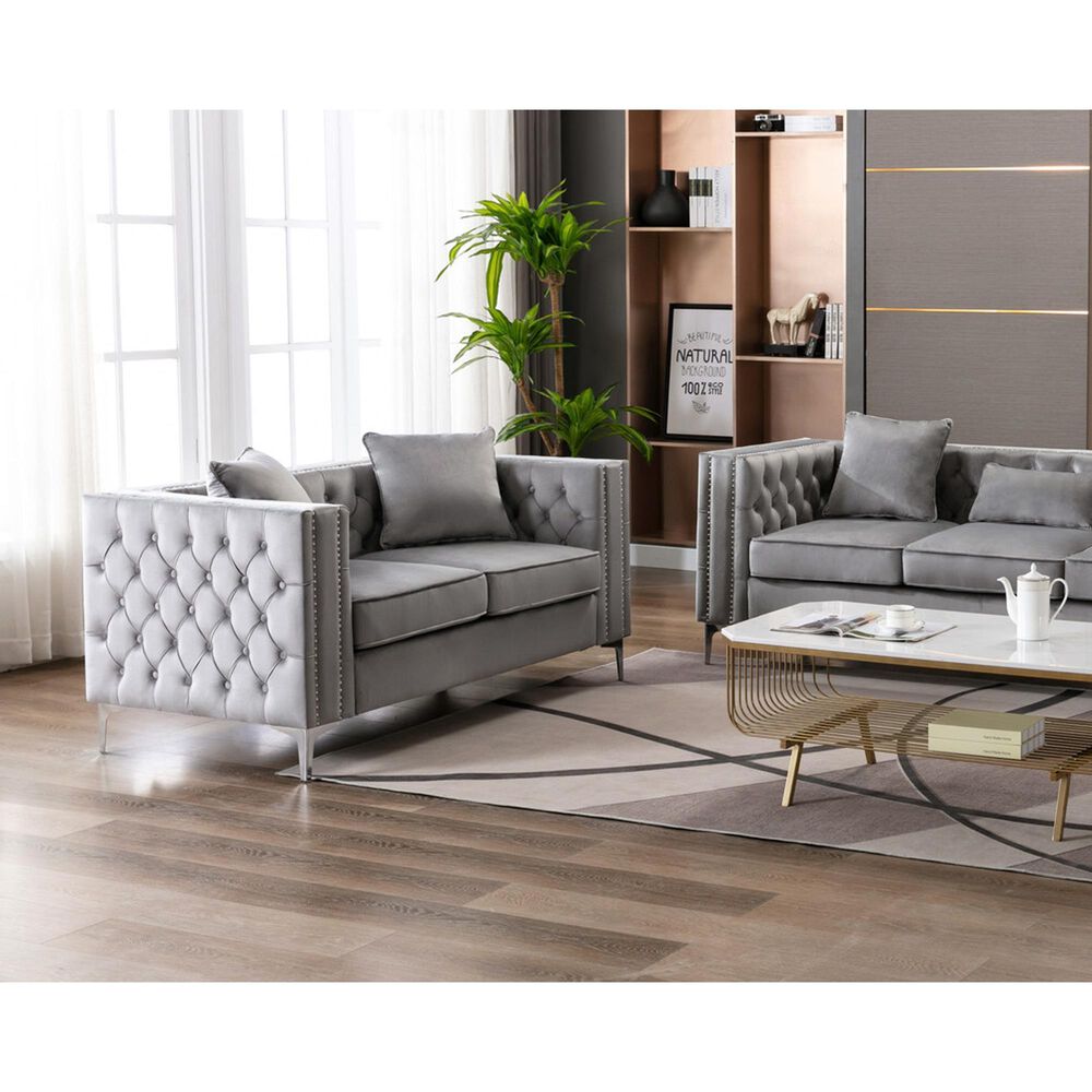 HOMLUX 63"W Transitional Velvet Loveseat with Button Tufting and Nailhead Trim in Grey, , large