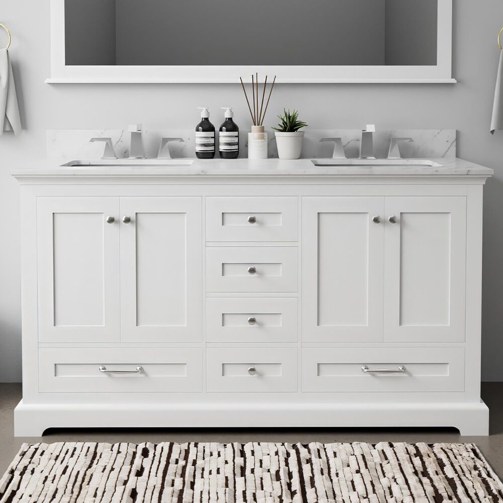 Lexora Home Dukes 60&quot; Double Bathroom Vanity in White with 2 cm White Carrara Marble Top and Rectangular Sinks, , large