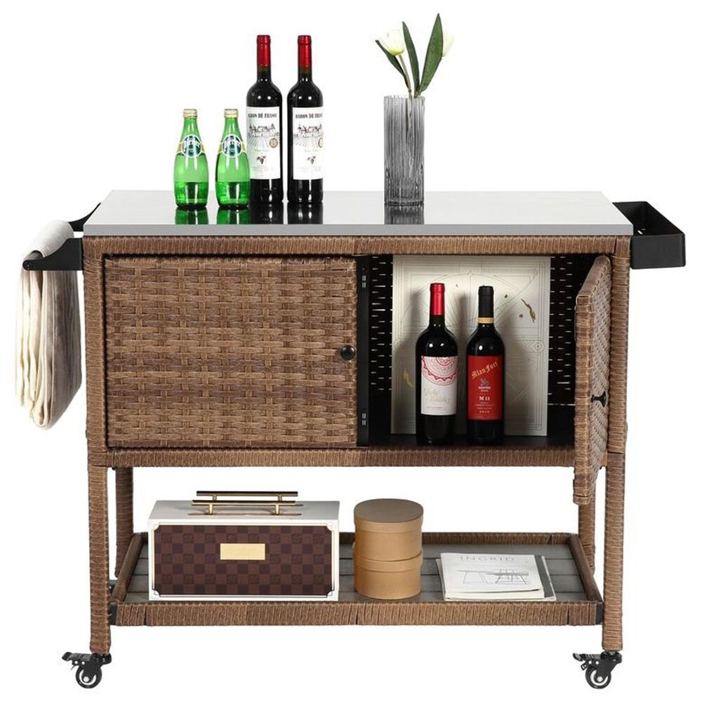 Hearth and Haven Outdoor Wicker Bar Cart with Glass Top in Brown, , large