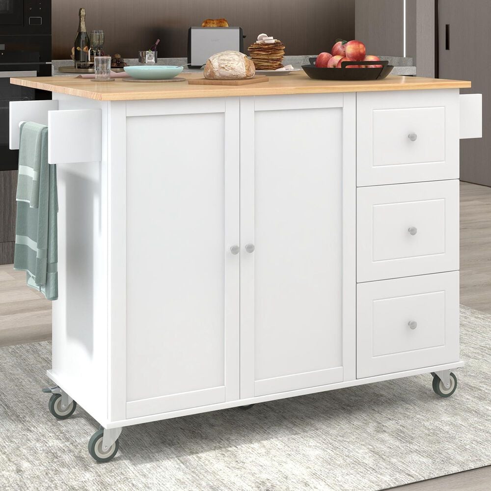HOMLUX 53" Rolling Mobile Kitchen Island with Solid Wood Top and Locking Wheels in White, , large