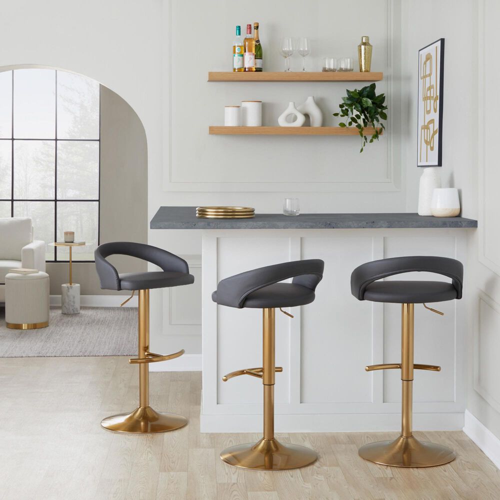 LumiSource Grotto Adjustable Bar Stool with Grey Faux Leather Upholstery in Gold (Set of 2), , large