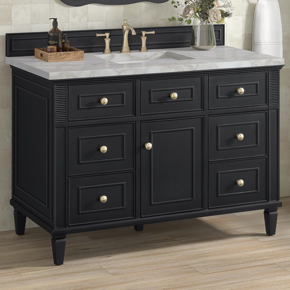 James Martin Vanities Lorelai 48" Single Bathroom Vanity in Black Onyx with 3 cm Eternal Jasmine Pearl Silestone Top, Rectangular Sink and FreePower Wireless Charger, , large
