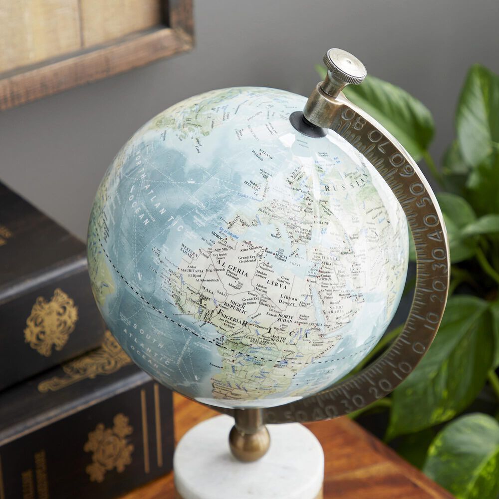 Maple and Jade 8&quot; x 16&quot; Globe in Turquoise, Green, Brass and Natural, , large