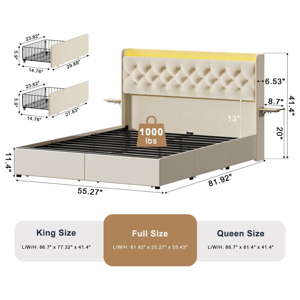 HOMLUX Full Upholstered Platform Storage Bed with Headboard Shelf and USB Charging Station in Beige, , large