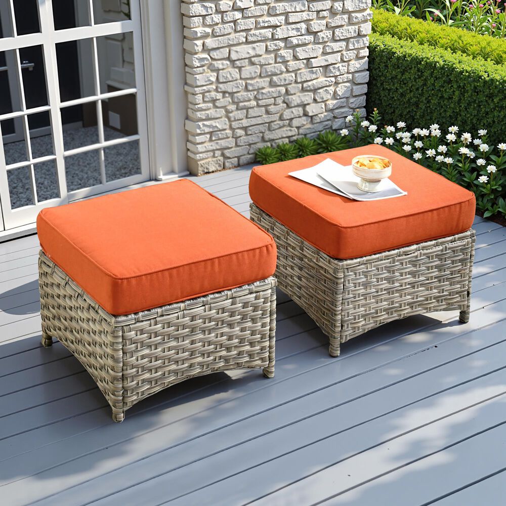 HOMLUX 2-Piece Outdoor Wicker Ottoman Set with Cushion in Coarse Textured Orange, , large