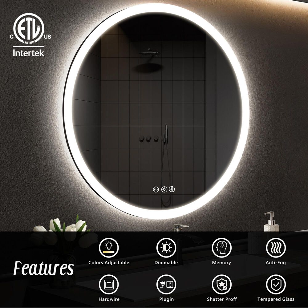 HOMLUX 28" Round LED Bathroom Vanity Mirror in Silver, , large
