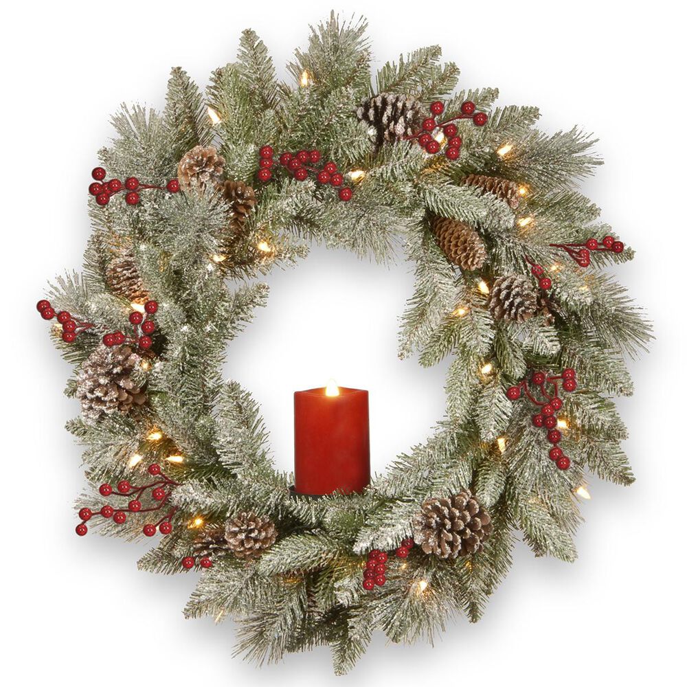 National Tree 24" Battery Operated Snowy Bristle Berry Wreath with Single Candle, , large