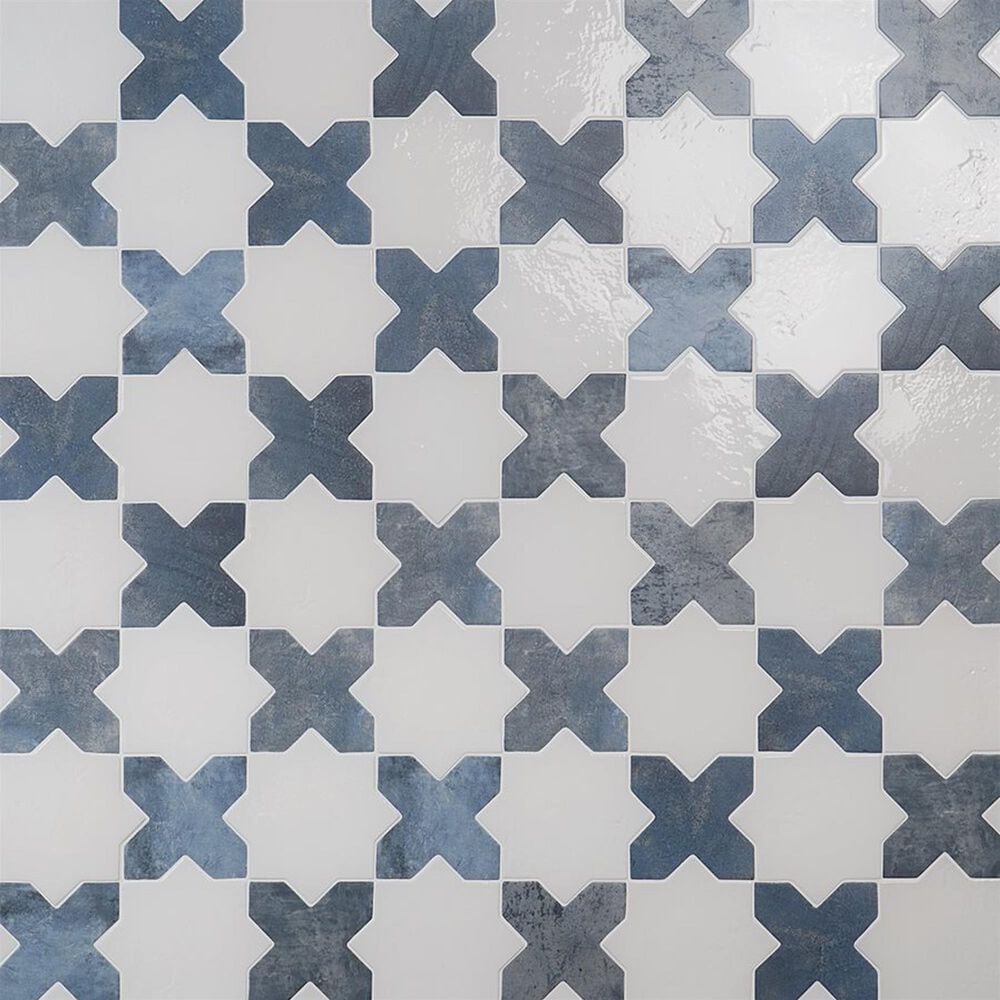 Soho Studio Malta White Star Polished and Denim Blue Cross Matte 6" x 6" Porcelain Tile Kit, , large